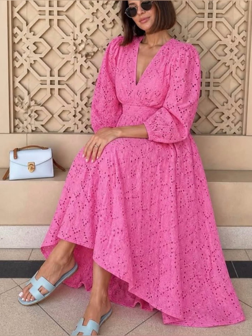 Eyelet Embroidered Cutout Bracelet Sleeve Midi Dress in Pink Wildflower